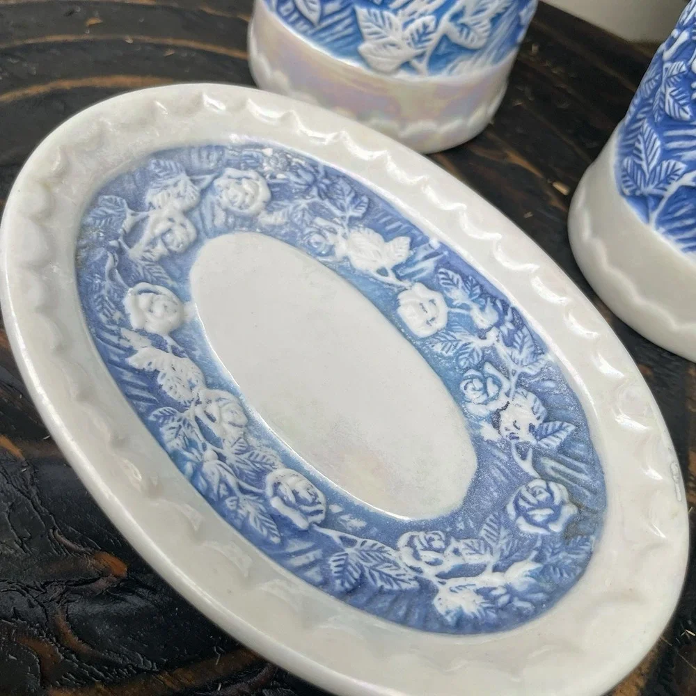 Blue White Lusterware Ceramic Bathroom 3pc. Set Soap Toothbrush Dish Holder